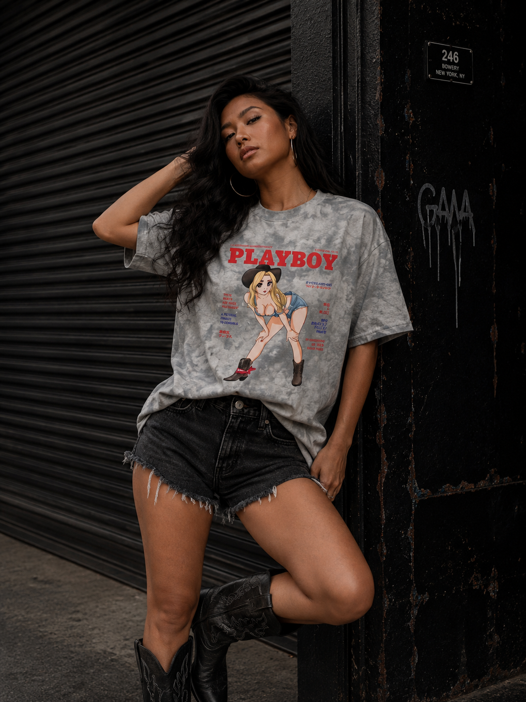 Playboy Tokyo Club Cowgirl Tie-Dye T-Shirt - Greyscale