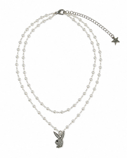 Playboy x Dalmata Double Pearl Necklace - Silver