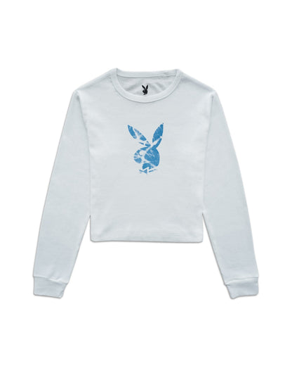 PLAYBOY BLUE CRUSH LOGO L/S CROP TEE - White