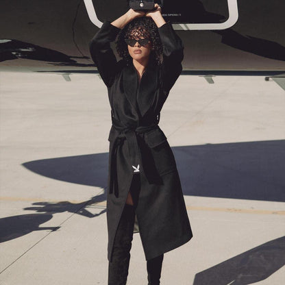 Playboy Belted Long Wool Robe Coat - Black