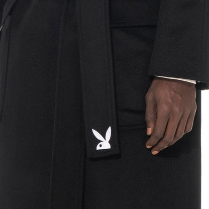 Playboy Belted Long Wool Robe Coat - Black