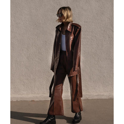 Playboy Crocodile Leather Flare Pant - Chocolate