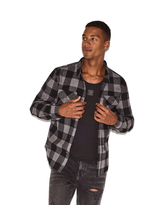 Playboy Men's Black Flannel Long Sleeve Shirt - Black Plaid