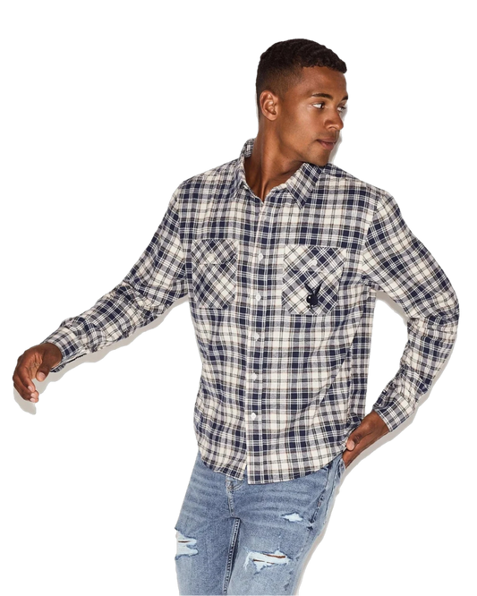 Playboy Men's Flannel Long Sleeve Shirt - White Plaid