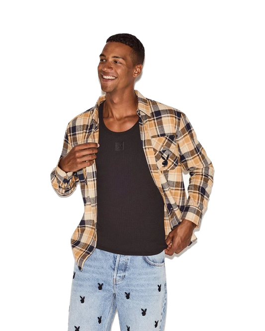 Playboy Men's Tan Flannel Long Sleeve Shirt - Tan plaid