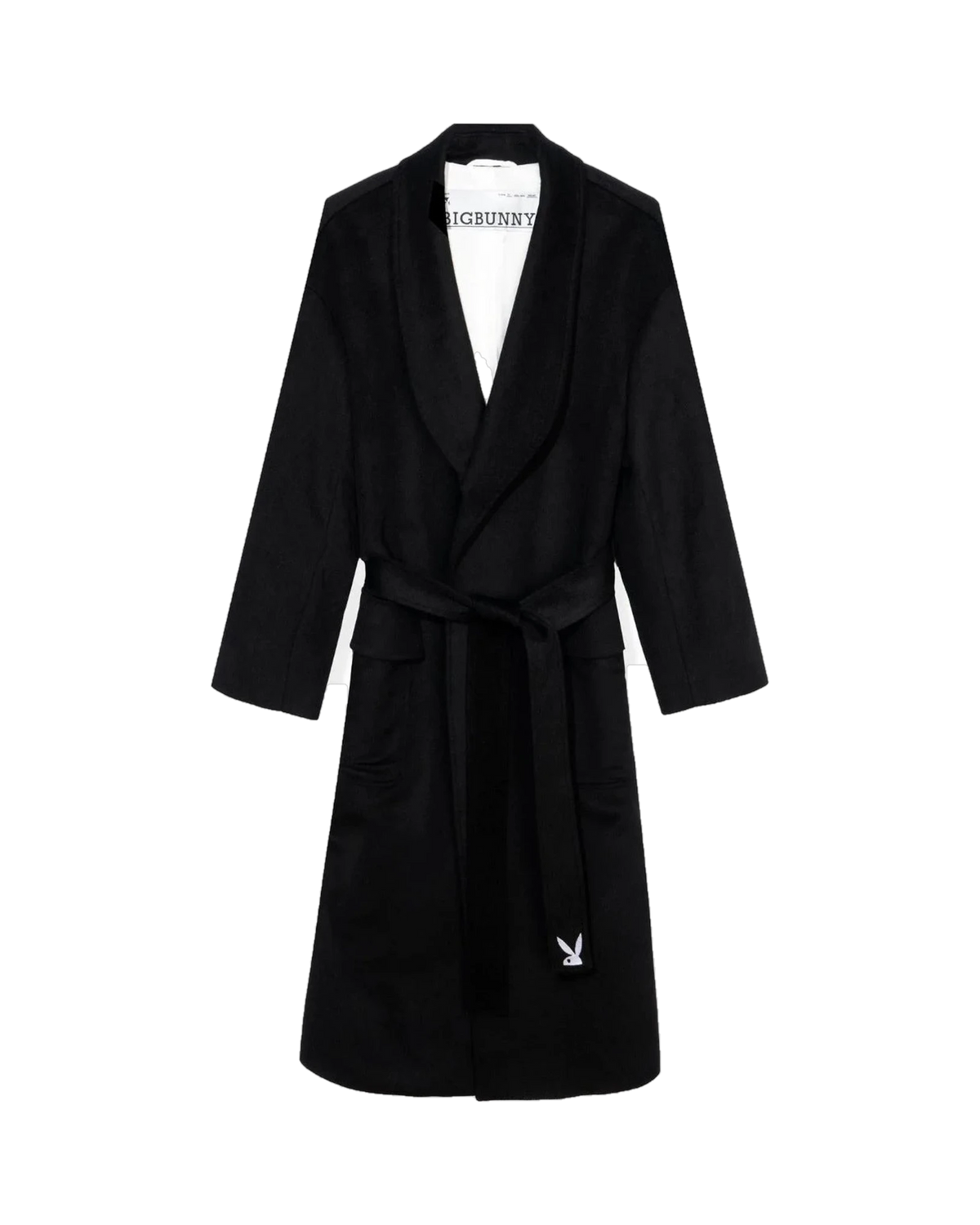 Playboy Belted Long Wool Robe Coat - Black