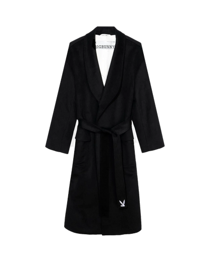 Playboy Belted Long Wool Robe Coat - Black