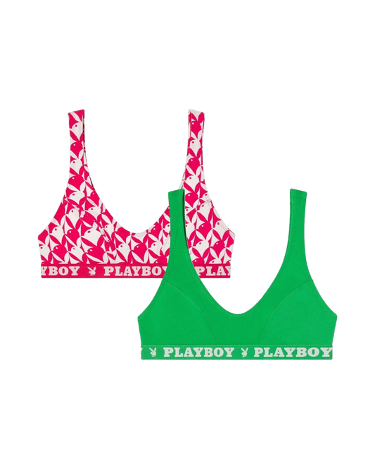 The Playboy Essentials Cotton Scoop Neck Bra 2-Pack - Two Pack: Red & Green