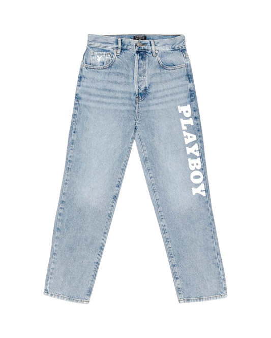 Playboy Women's High Rise Straight Leg Masthead Denim Pants