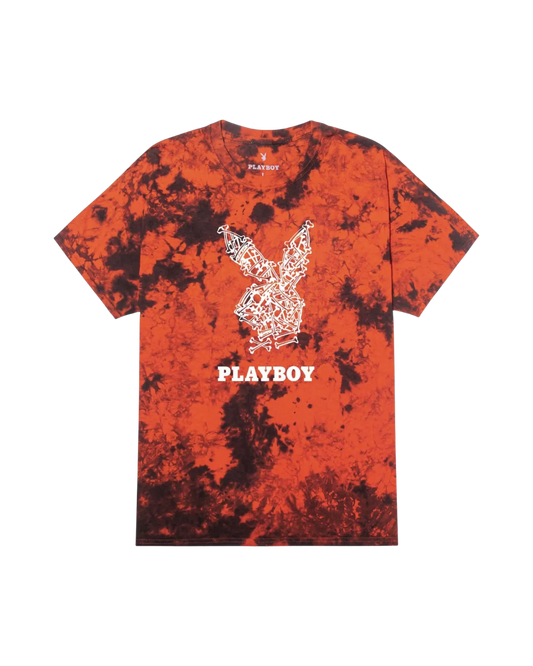 Playboy Skeleton Rabbit Head T-Shirt - Orange black tie dye