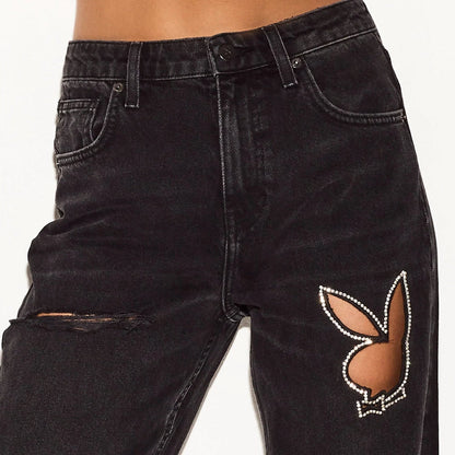 The Playboy High Rise Wide Leg Jean Washed - Washed Black
